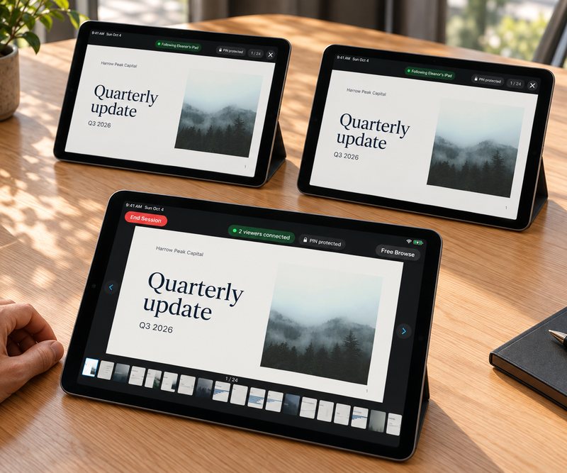 Three iPads on a conference table running DeckSync. The front iPad presents a quarterly update to two viewers, and both viewer iPads follow on the same slide.